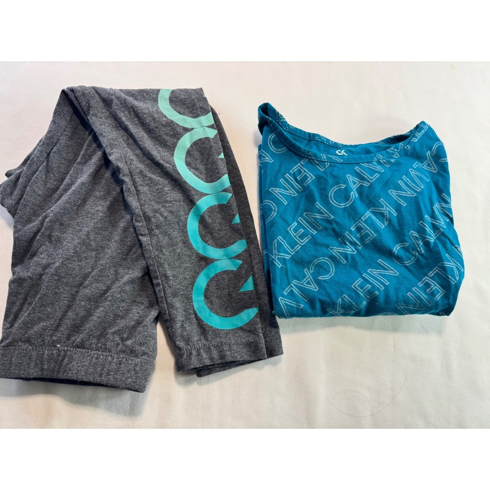 Calvin Klein Performance‎ Girls 2pc Set Teal Logo Tee Gray Leggings Size 7